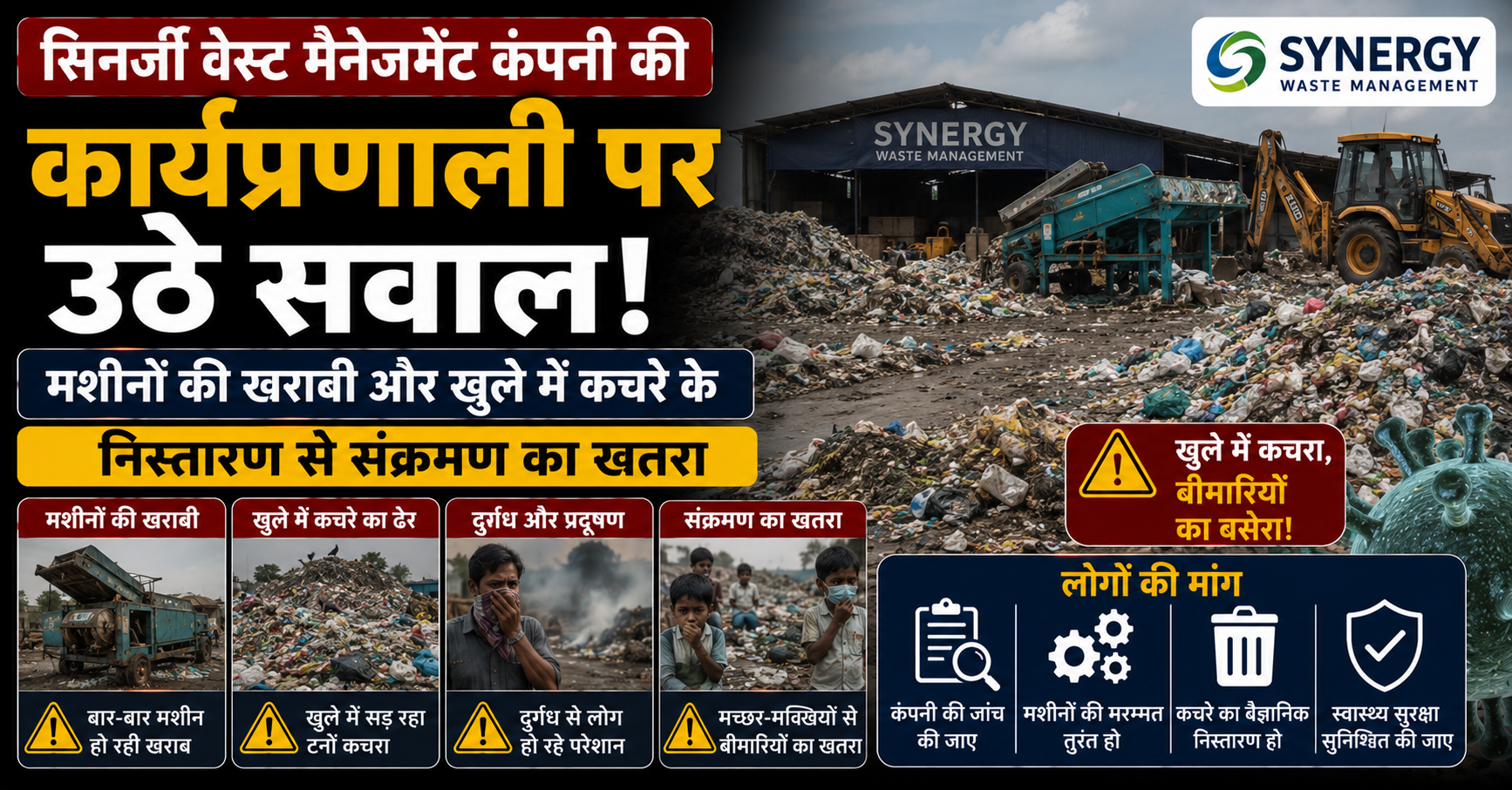 सिनर्जी वेस्ट मैनेजमेंट कंपनी की कार्यप्रणाली पर उठे सवाल, मशीनों की खराबी और खुले में कचरे के निस्तारण से संक्रमण का खतरा