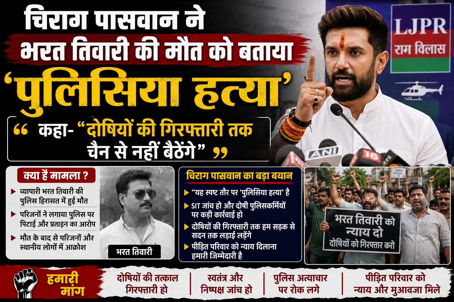 Chirag Paswan Terms Bharat Tiwari's Death a 'Police-Custodial Murder', Says "Will Not Rest Until the Guilty are Arrested"