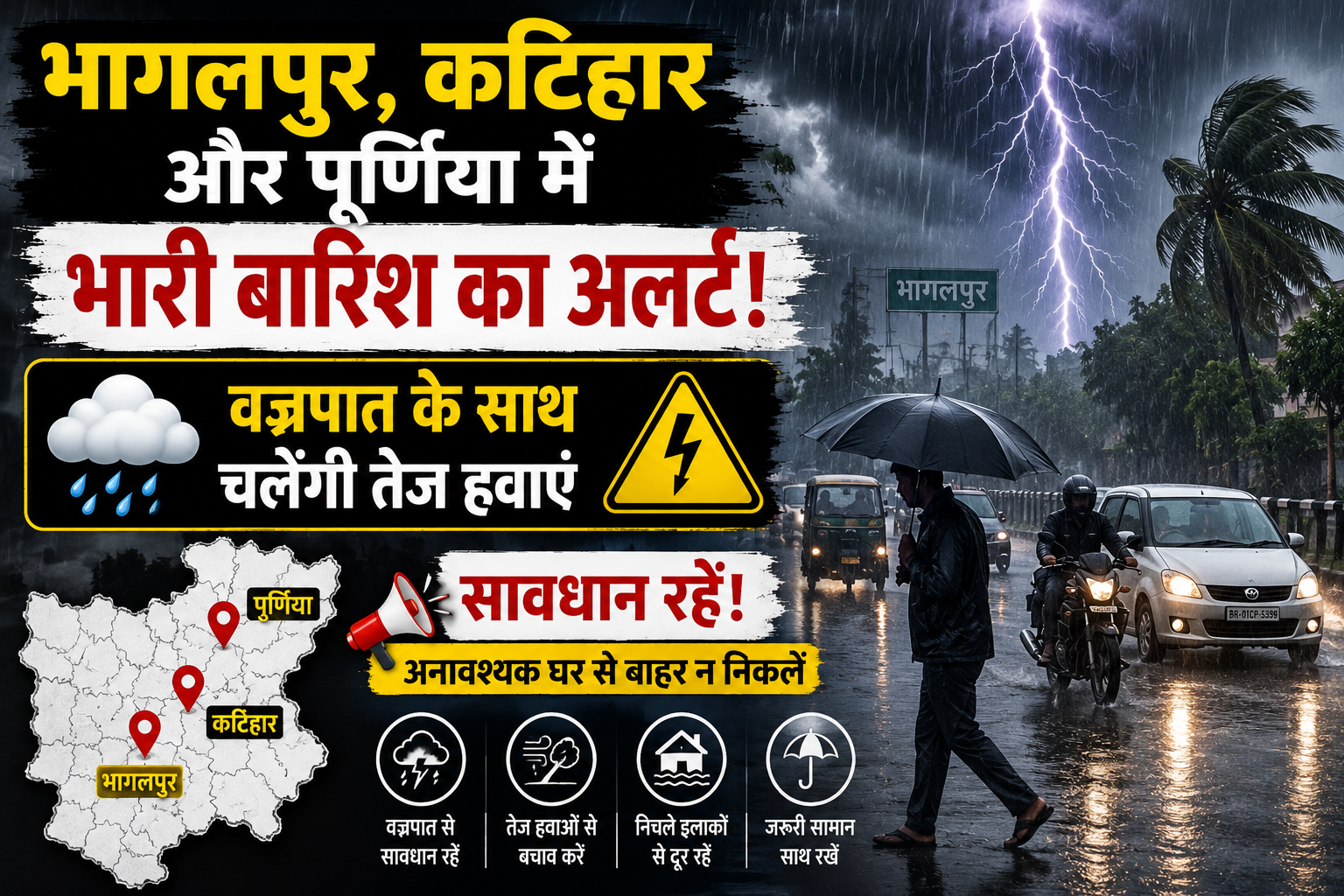 भागलपुर, कटिहार और पूर्णिया में भारी बारिश का अलर्ट; वज्रपात के साथ चलेंगी तेज हवाएं