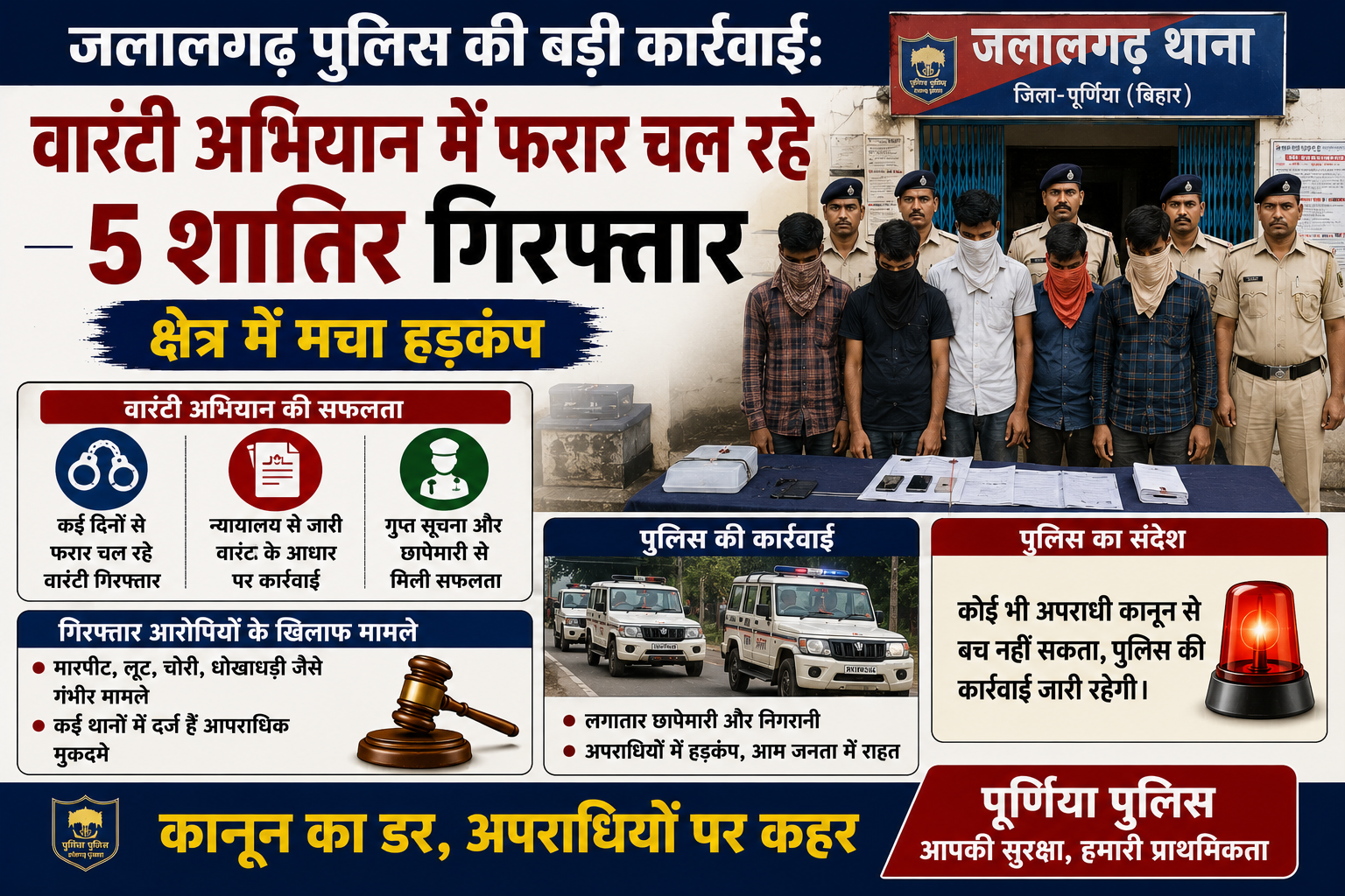 जलालगढ़ पुलिस की बड़ी कार्रवाई: वारंटी अभियान में फरार चल रहे 5 शातिर गिरफ्तार, क्षेत्र में मचा हड़कंप