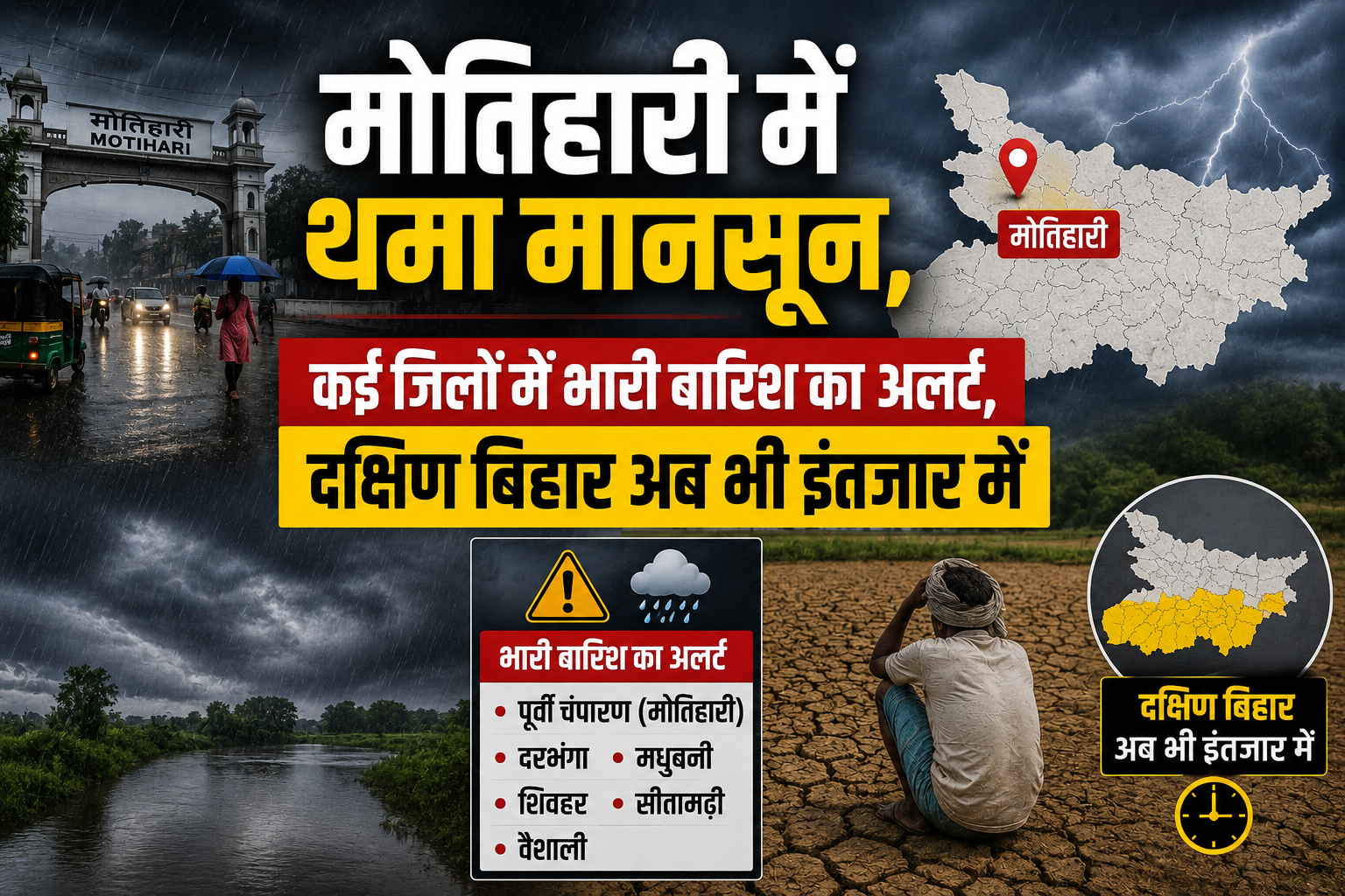 मोतिहारी में थमा मानसून, कई जिलों में भारी बारिश का अलर्ट, दक्षिण बिहार अब भी इंतजार में