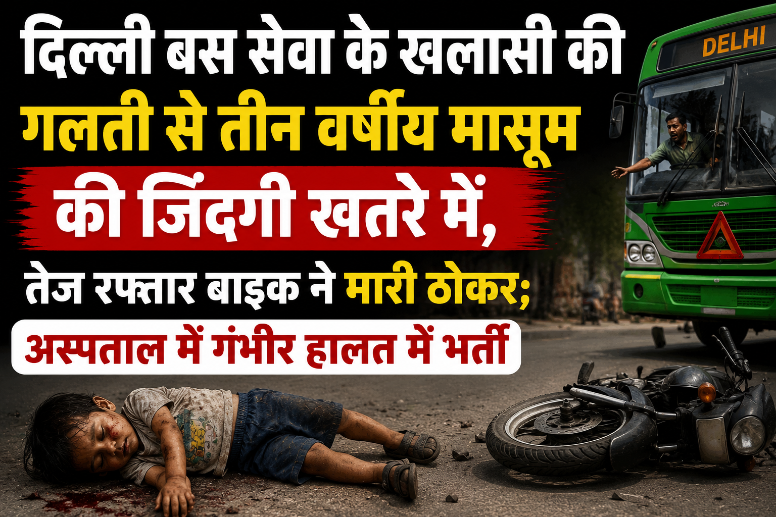 दिल्ली बस सेवा के खलासी की गलती से तीन वर्षीय मासूम की जिंदगी खतरे में, तेज रफ्तार बाइक ने मारी ठोकर; अस्पताल में गंभीर हालत में भर्ती