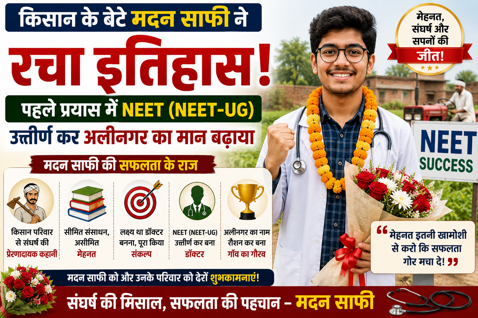 किसान के बेटे मदन साफी ने रचा इतिहास, पहले प्रयास में नीट (NEET-UG) उत्तीर्ण कर अलीनगर का मान बढ़ाया