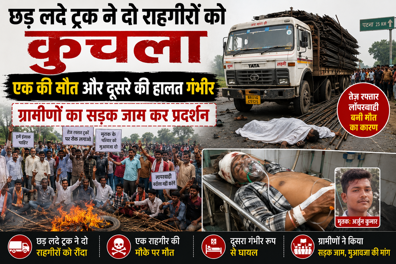 छड़ लदे ट्रक ने दो राहगीरों को कुचला, एक की मौत और दूसरे की हालत गंभीर, ग्रामीणों का सड़क जाम कर प्रदर्शन