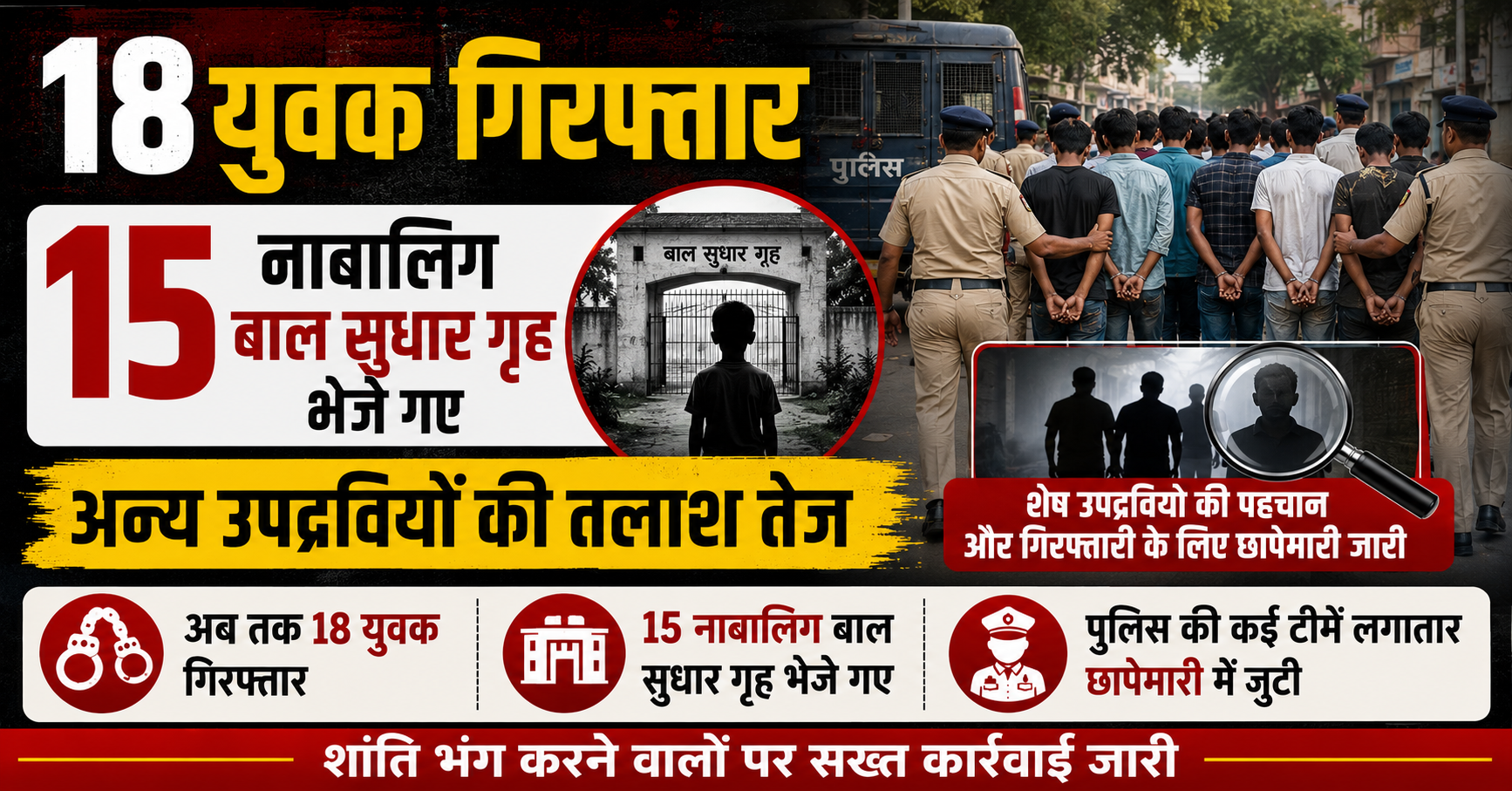 दरभंगा के लहेरियासराय में प्रदर्शन के दौरान पुलिस पर रोड़ेबाजी मामले में बड़ी कार्रवाई: 18 युवक गिरफ्तार, 15 नाबालिग बाल सुधार गृह भेजे गए, अन्य उपद्रवियों की तलाश तेज