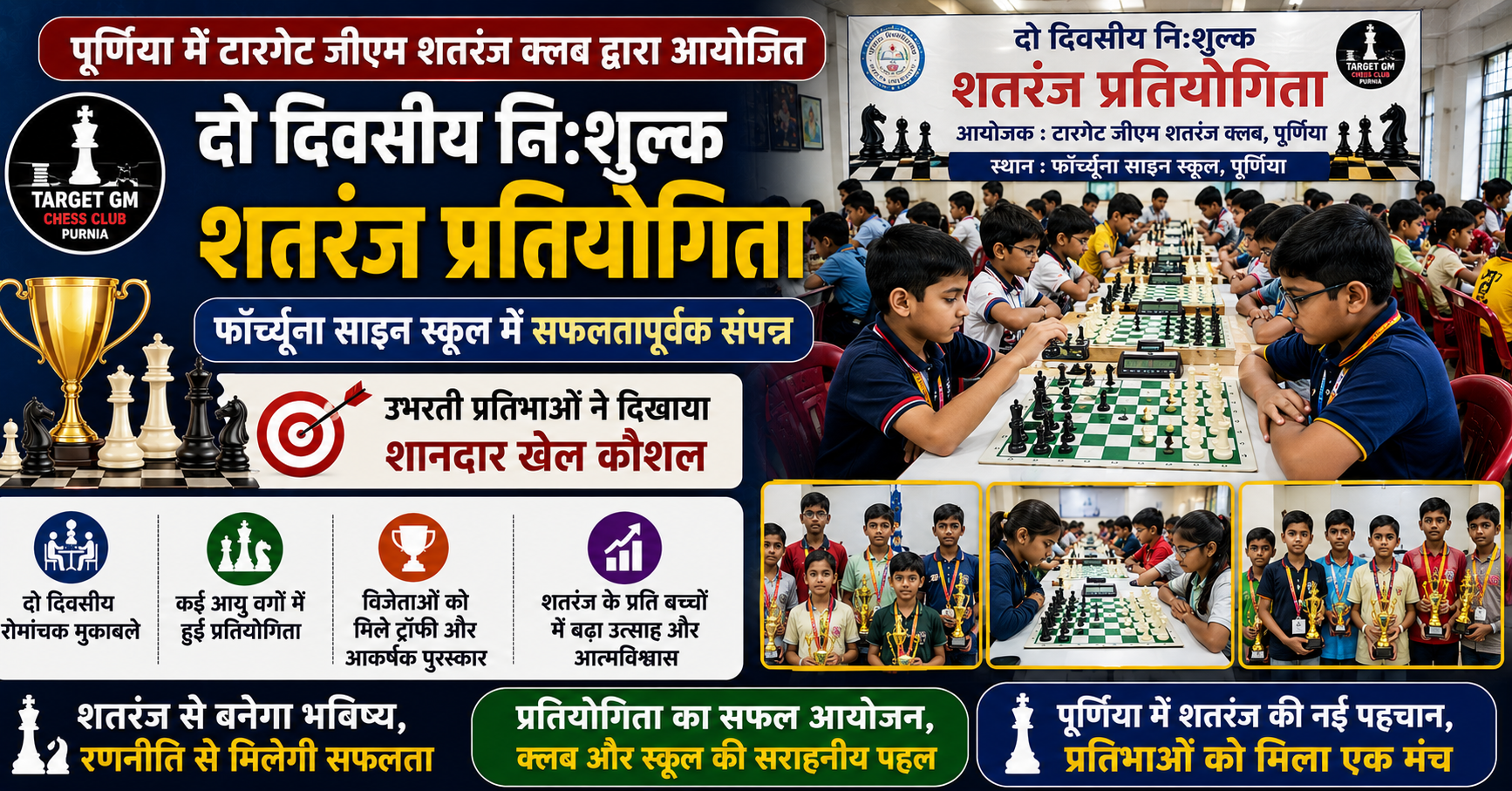 पूर्णिया में टारगेट जीएम शतरंज क्लब द्वारा आयोजित दो दिवसीय निःशुल्क शतरंज प्रतियोगिता फॉर्च्यूना साइन स्कूल में सफलतापूर्वक संपन्न: उभरती प्रतिभाओं ने दिखाया शानदार खेल कौशल