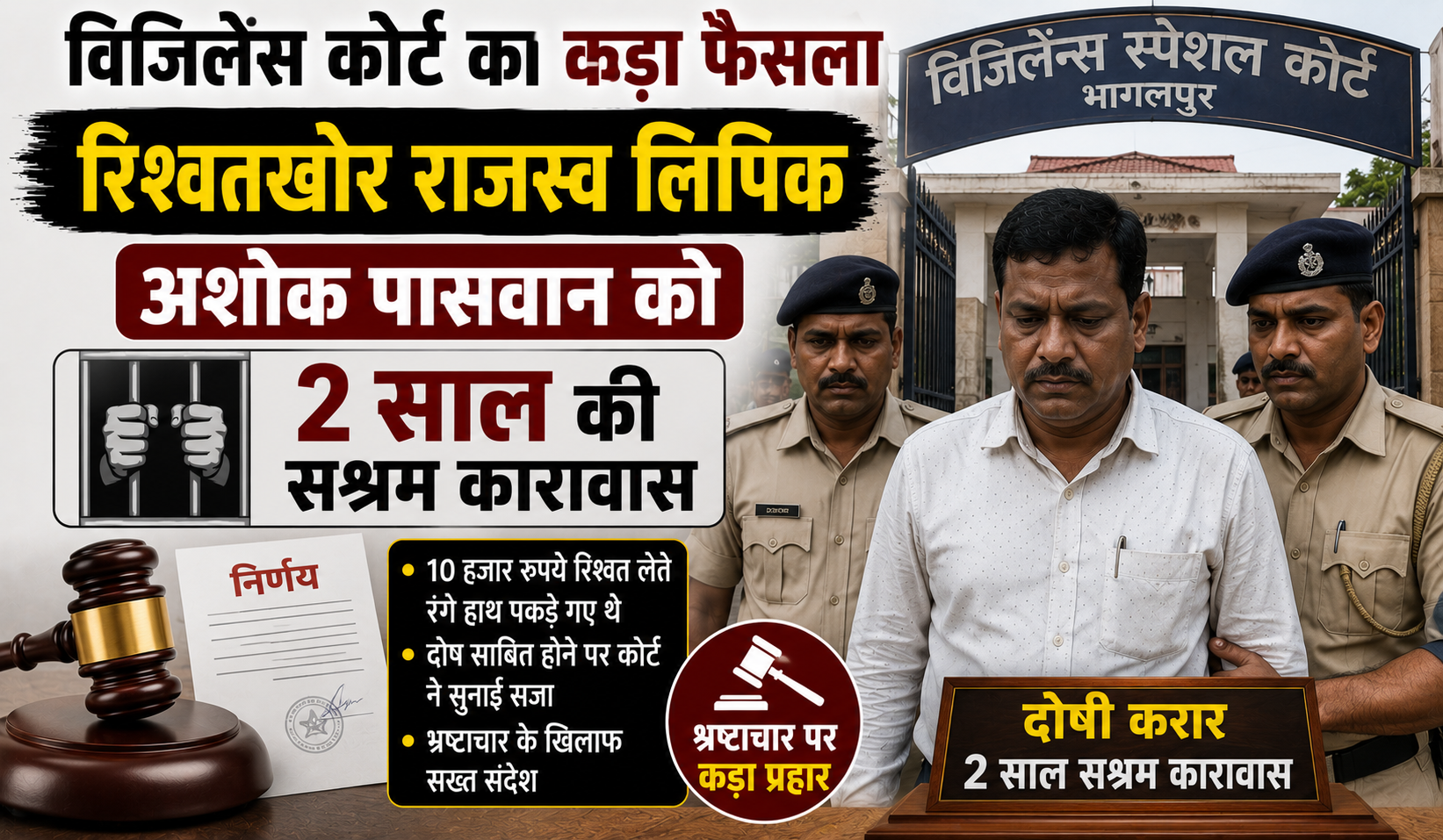 विजिलेंस कोर्ट का कड़ा फैसला; रिश्वतखोर राजस्व लिपिक अशोक पासवान को 2 साल की सश्रम कारावास