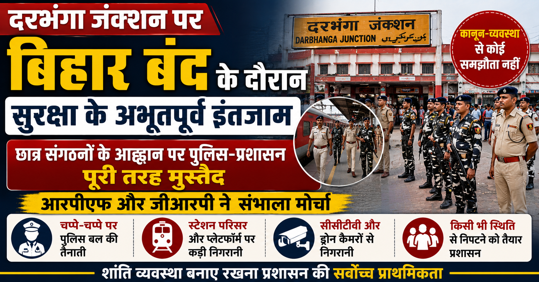 दरभंगा जंक्शन पर बिहार बंद के दौरान सुरक्षा के अभूतपूर्व इंतजाम: छात्र संगठनों के आह्वान पर पुलिस-प्रशासन पूरी तरह मुस्तैद, आरपीएफ और जीआरपी ने संभाला मोर्चा