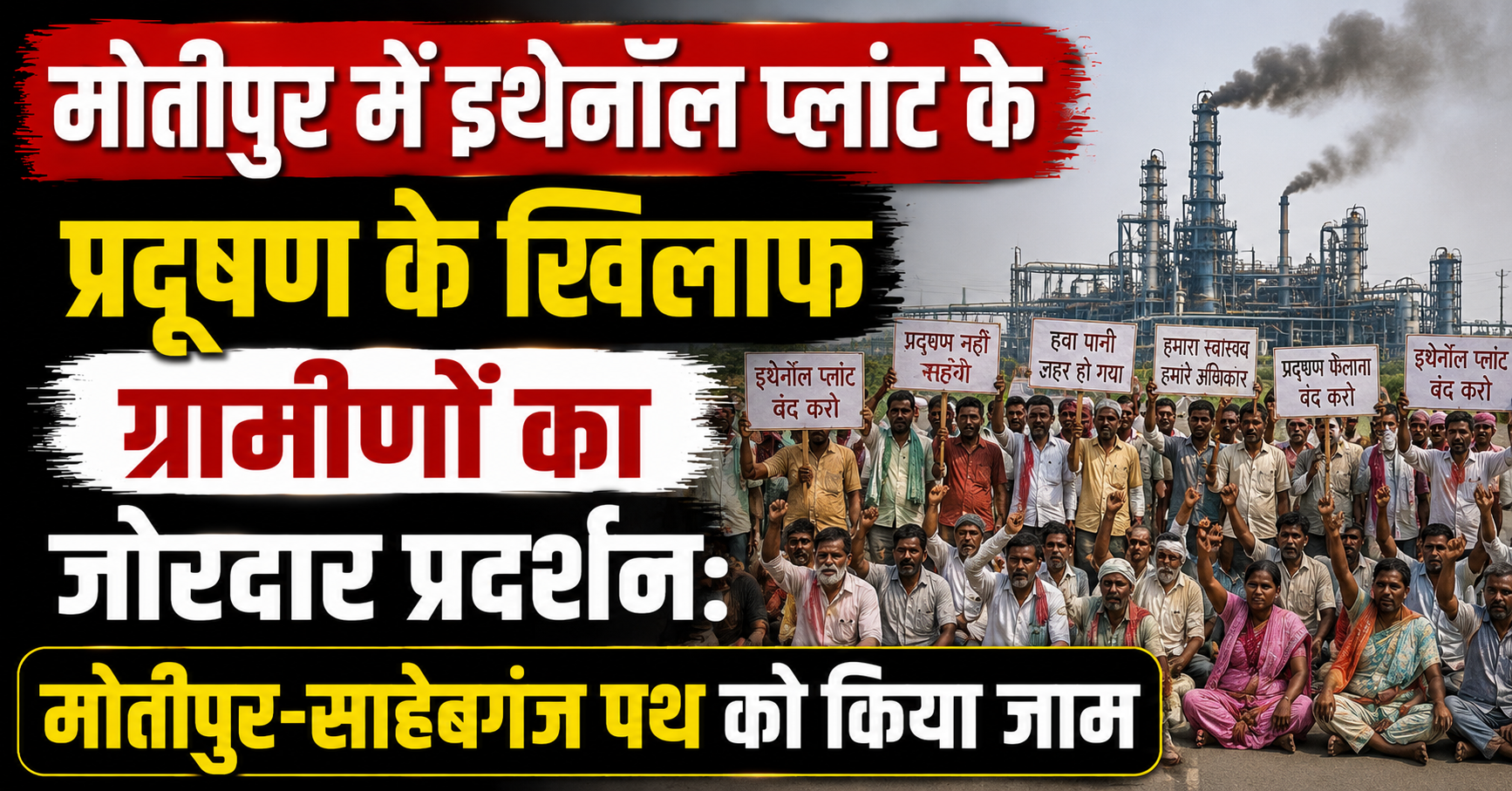 मोतीपुर में इथेनॉल प्लांट के प्रदूषण के खिलाफ ग्रामीणों का जोरदार प्रदर्शन: मोतीपुर-साहेबगंज पथ को किया जाम