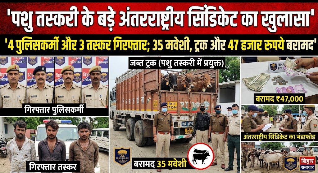 पशु तस्करी के बड़े अंतरराष्ट्रीय सिंडिकेट का खुलासा, 4 पुलिसकर्मी और 3 तस्कर गिरफ्तार; 35 मवेशी, ट्रक और 47 हजार रुपये बरामद