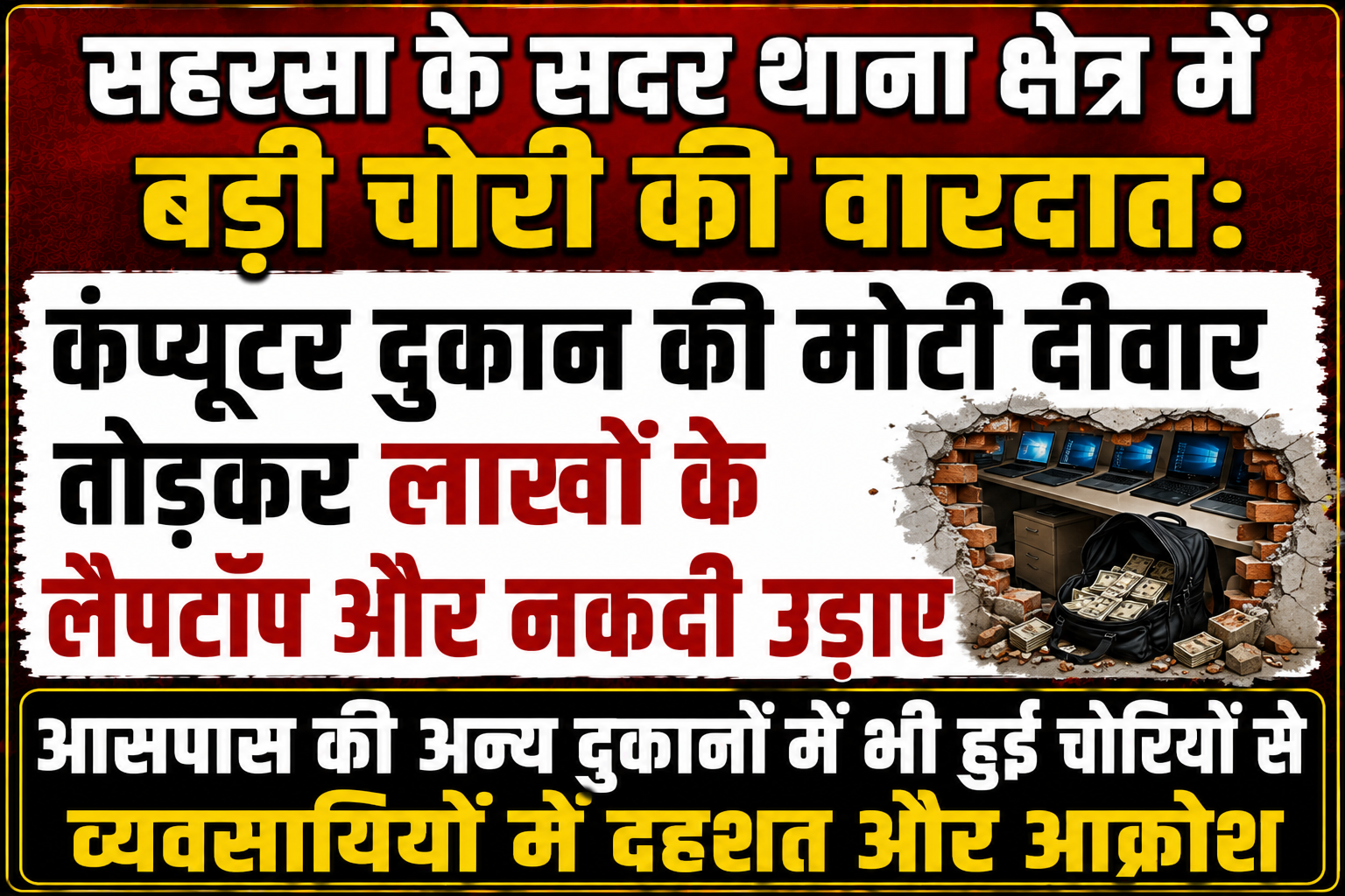 सहरसा के सदर थाना क्षेत्र में बड़ी चोरी की वारदात: कंप्यूटर दुकान की मोटी दीवार तोड़कर लाखों के लैपटॉप और नकदी उड़ाए; आसपास की अन्य दुकानों में भी हुई चोरियों से व्यवसायियों में दहशत और आक्रोश