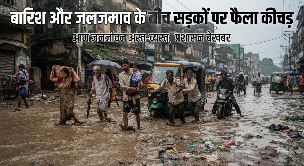 बारिश और जलजमाव के बीच सड़कों पर फैला कीचड़, दुकानदारों और ग्राहकों का चलना हुआ मुहाल