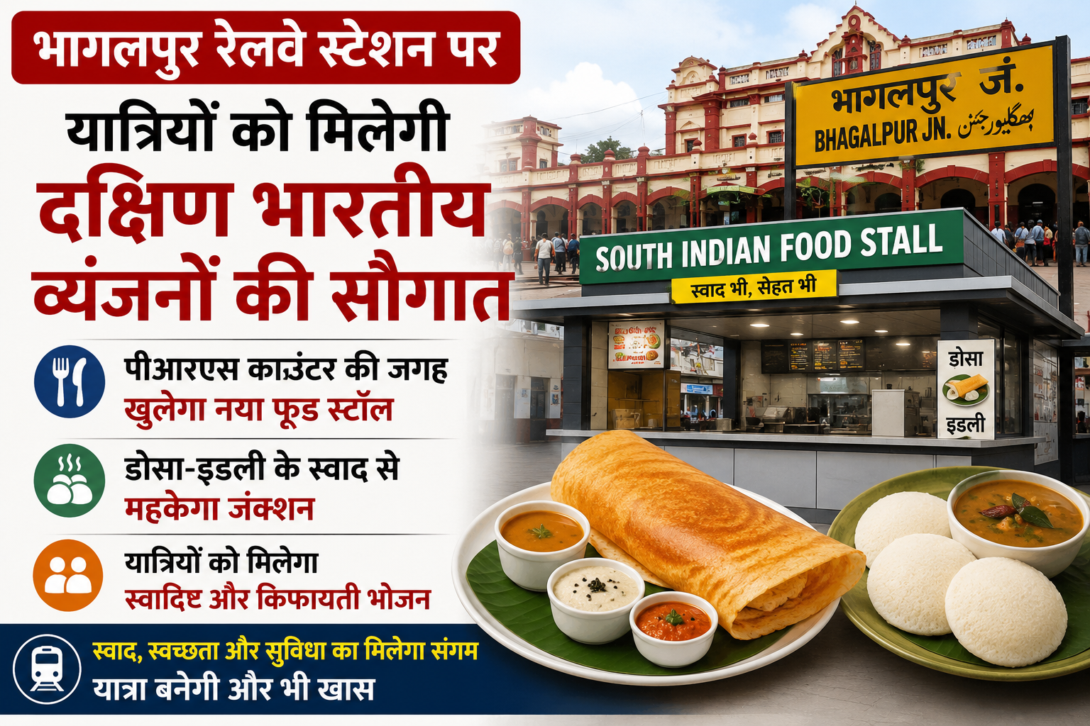 भागलपुर रेलवे स्टेशन पर यात्रियों को मिलेगी दक्षिण भारतीय व्यंजनों की सौगात; पीआरएस काउंटर की जगह खुलेगा नया फूड स्टॉल, डोसा-इडली के स्वाद से महकेगा जंक्शन