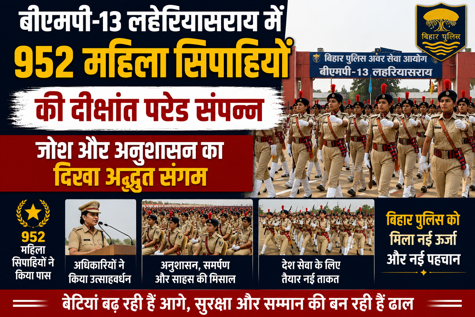 बीएमपी-13 लहेरियासराय में 952 महिला सिपाहियों की दीक्षांत परेड संपन्न, जोश और अनुशासन का दिखा अद्भुत संगम