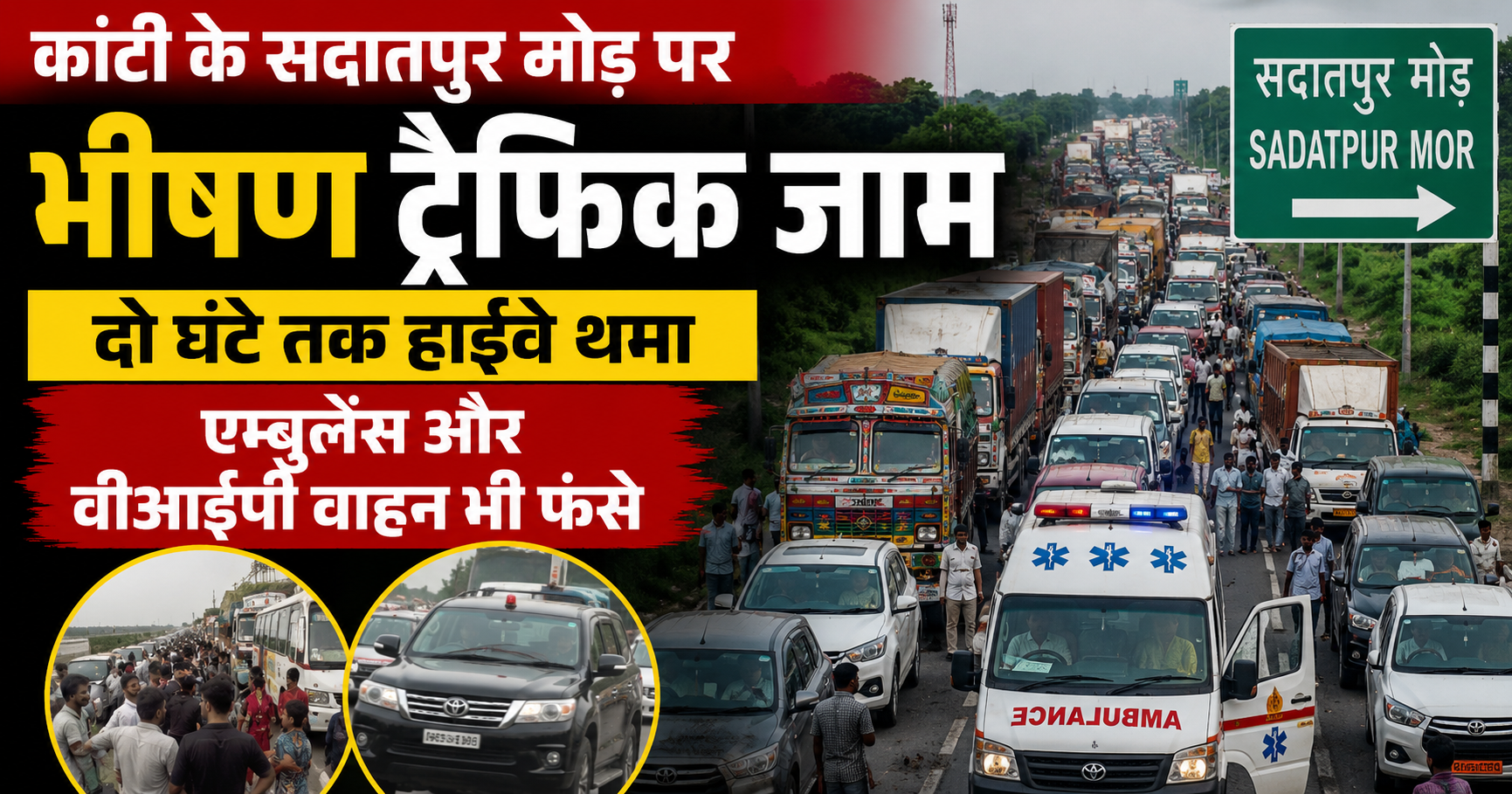 कांटी के सदातपुर मोड़ पर भीषण ट्रैफिक जाम, दो घंटे तक हाईवे थमा; एम्बुलेंस और वीआईपी वाहन भी फंसे