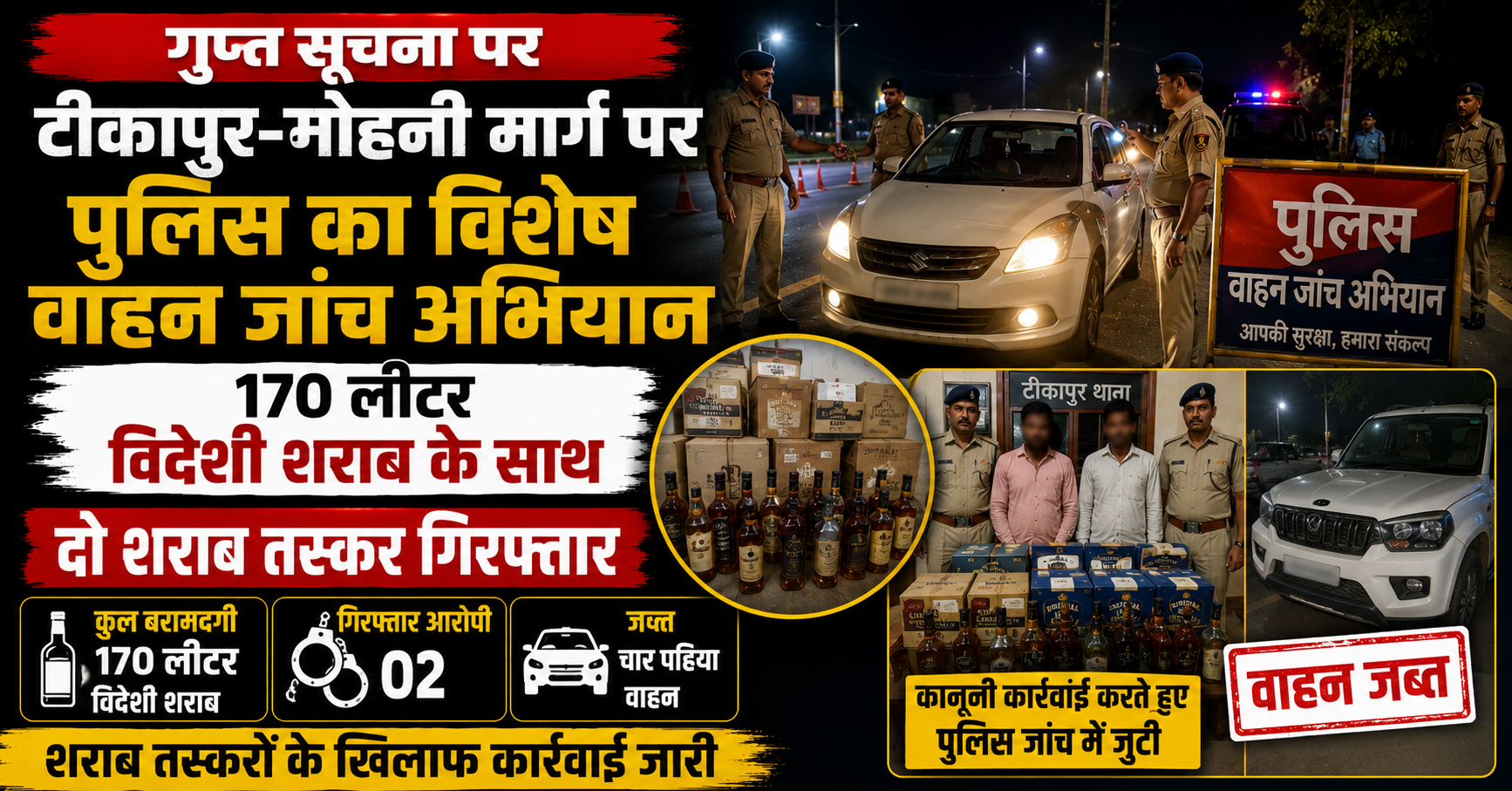 गुप्त सूचना पर टीकापुर-मोहनी मार्ग पर पुलिस का विशेष वाहन जांच अभियान, 170 लीटर विदेशी शराब के साथ दो शराब तस्कर गिरफ्तार; चार पहिया वाहन भी जब्त