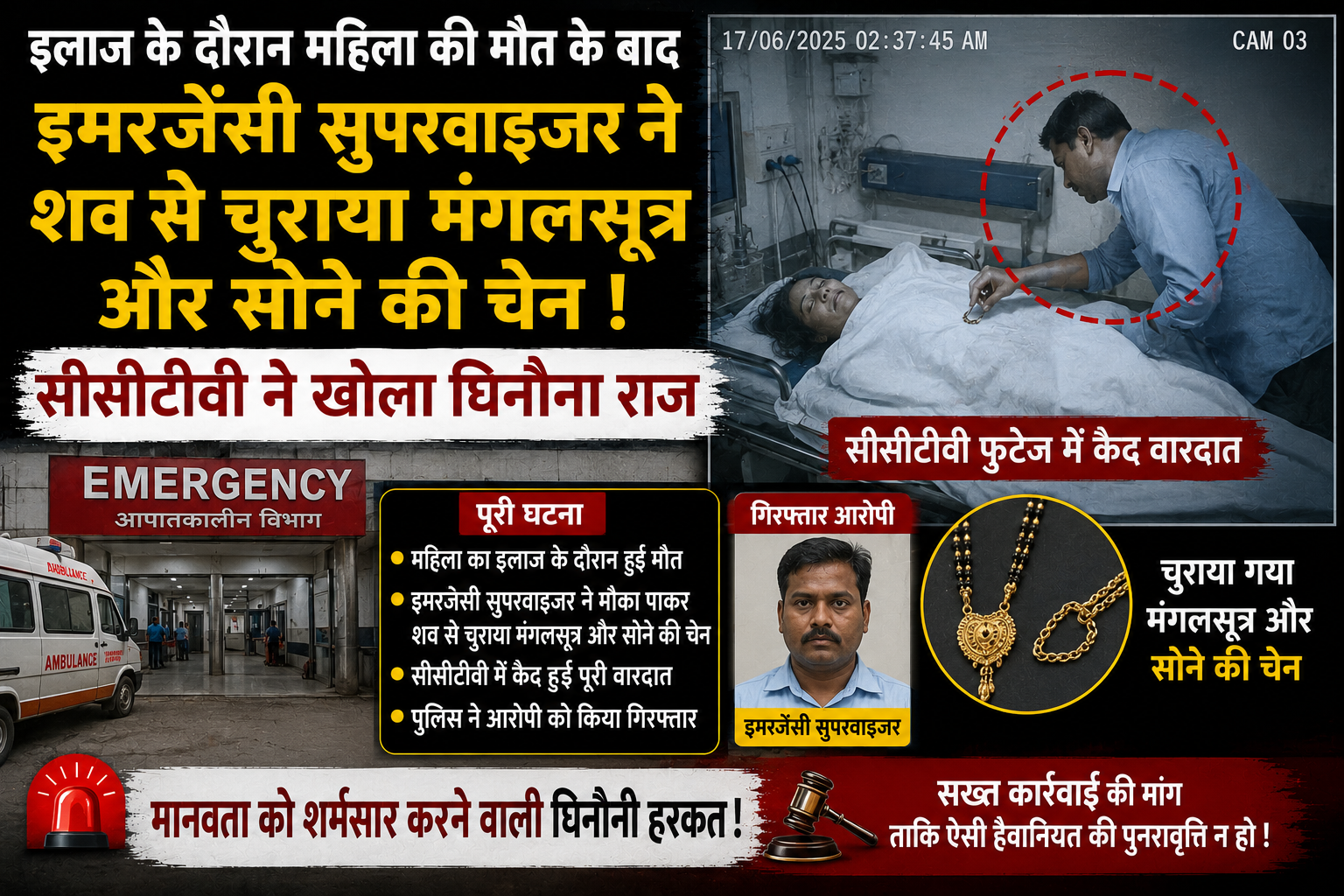 इलाज के दौरान महिला की मौत के बाद इमरजेंसी सुपरवाइजर ने शव से चुराया मंगलसूत्र और सोने की चेन; सीसीटीवी ने खोला घिनौना राज