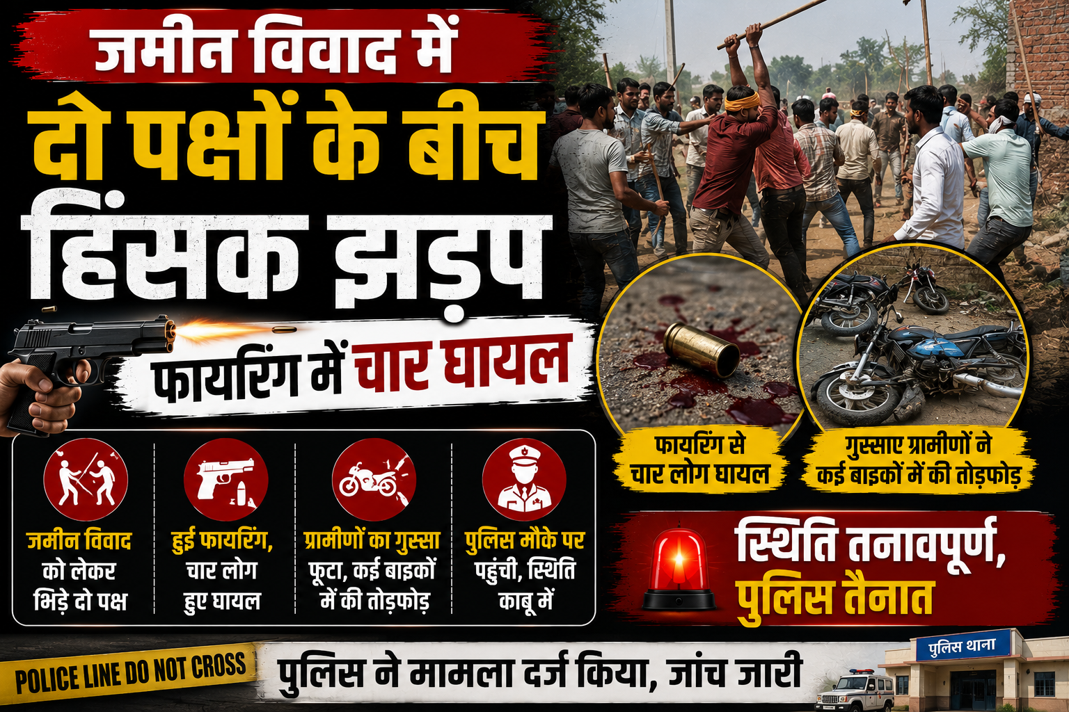 जमीन विवाद में दो पक्षों के बीच हिंसक झड़प, फायरिंग में चार घायल; गुस्साए ग्रामीणों ने कई बाइकों में की तोड़फोड़