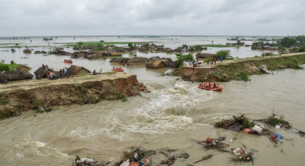 Raghopur-Kajikoraiya Embankment Breached in Kharik, Threat to Property Worth Crores Floodwaters Enter Fields and Residential Areas, Triggering Panic Among Villagers