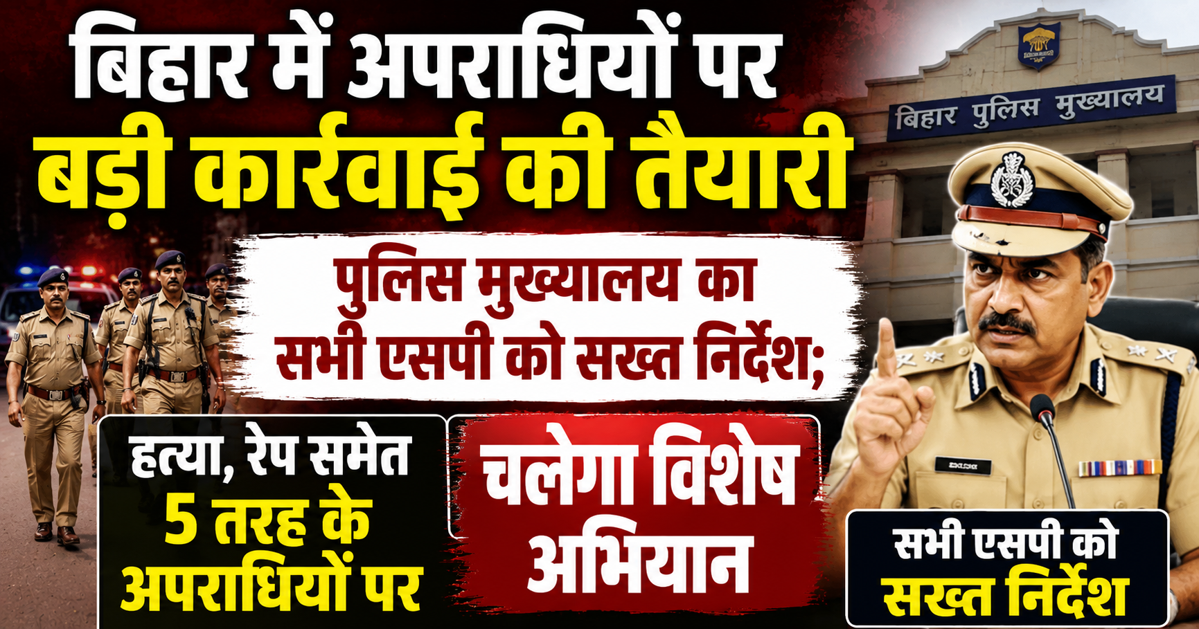 बिहार में अपराधियों पर बड़ी कार्रवाई की तैयारी, पुलिस मुख्यालय का सभी एसपी को सख्त निर्देश; हत्या, रेप समेत 5 तरह के अपराधियों पर चलेगा विशेष अभियान