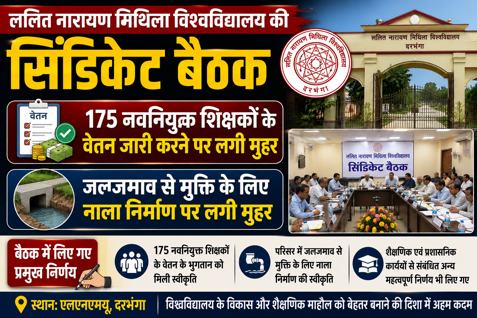 ललित नारायण मिथिला विश्वविद्यालय की सिंडिकेट बैठक: 175 नवनियुक्त शिक्षकों के वेतन जारी करने और जलजमाव से मुक्ति के लिए नाला निर्माण पर लगी मुहर