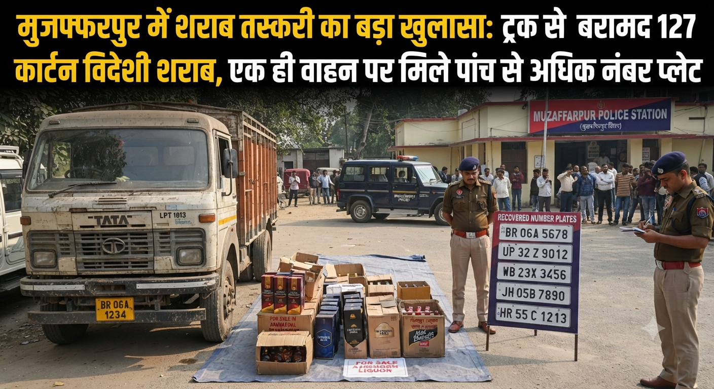 मुजफ्फरपुर में शराब तस्करी का बड़ा खुलासा: ट्रक से बरामद 127 कार्टन विदेशी शराब, एक ही वाहन पर मिले पांच से अधिक नंबर प्लेट
