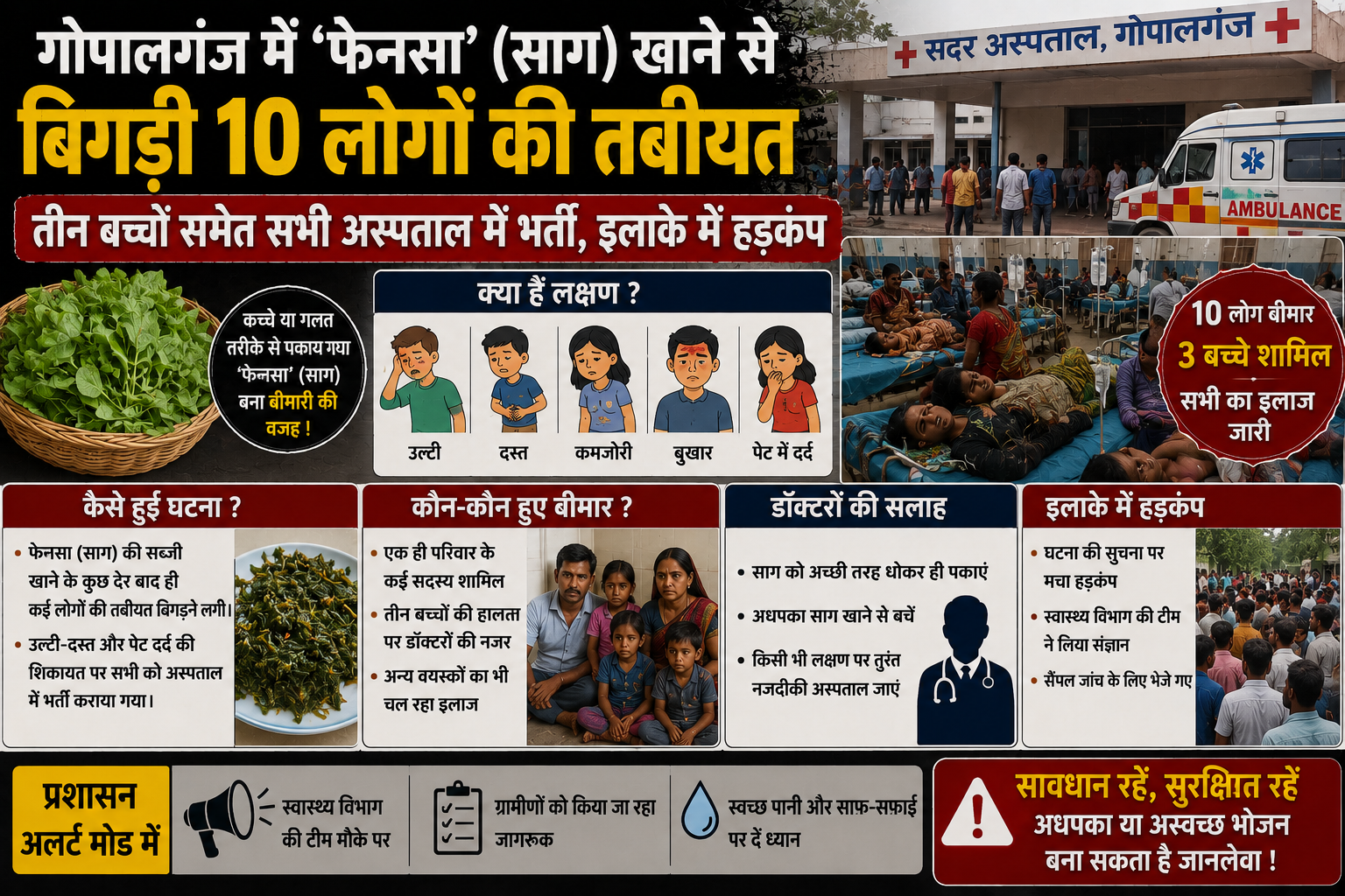 गोपालगंज में 'फेनसा' (साग) खाने से बिगड़ी 10 लोगों की तबीयत — तीन बच्चों समेत सभी अस्पताल में भर्ती, इलाके में हड़कंप
