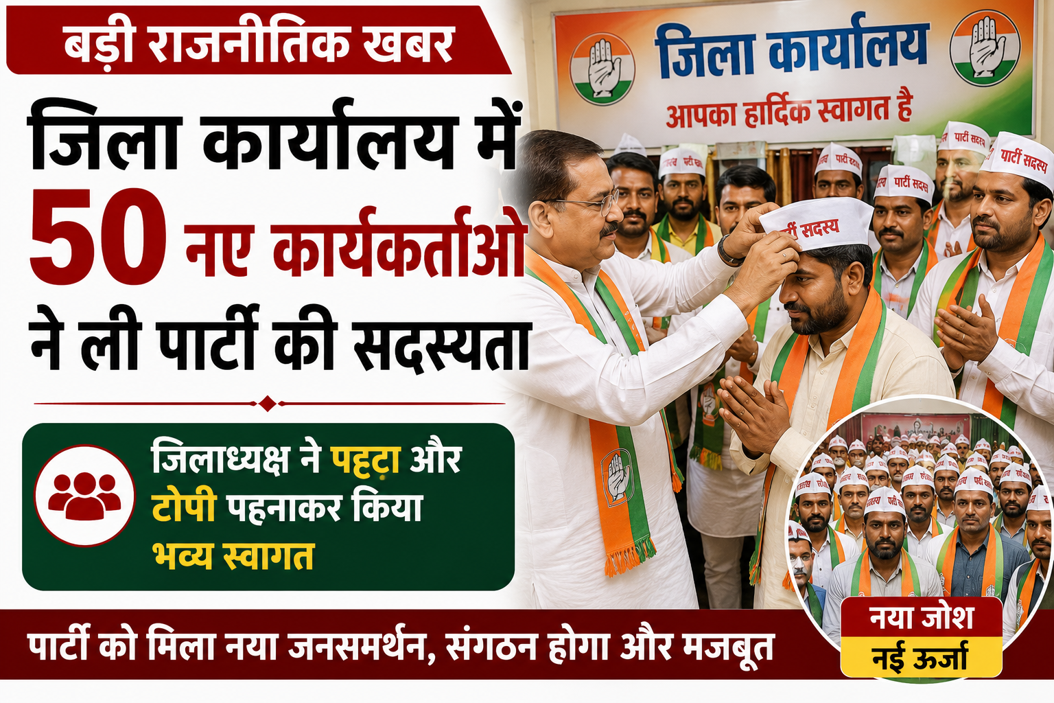 जदयू का कुनबा हुआ और मजबूत; जिला कार्यालय में 50 नए कार्यकर्ताओं ने ली पार्टी की सदस्यता, जिलाध्यक्ष ने पट्टा और टोपी पहनाकर किया भव्य स्वागत