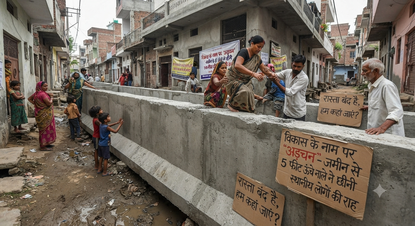 विकास के नाम पर 'अड़चन', जमीन से 5 फीट ऊंचे नाले ने छीनी स्थानीय लोगों की राह