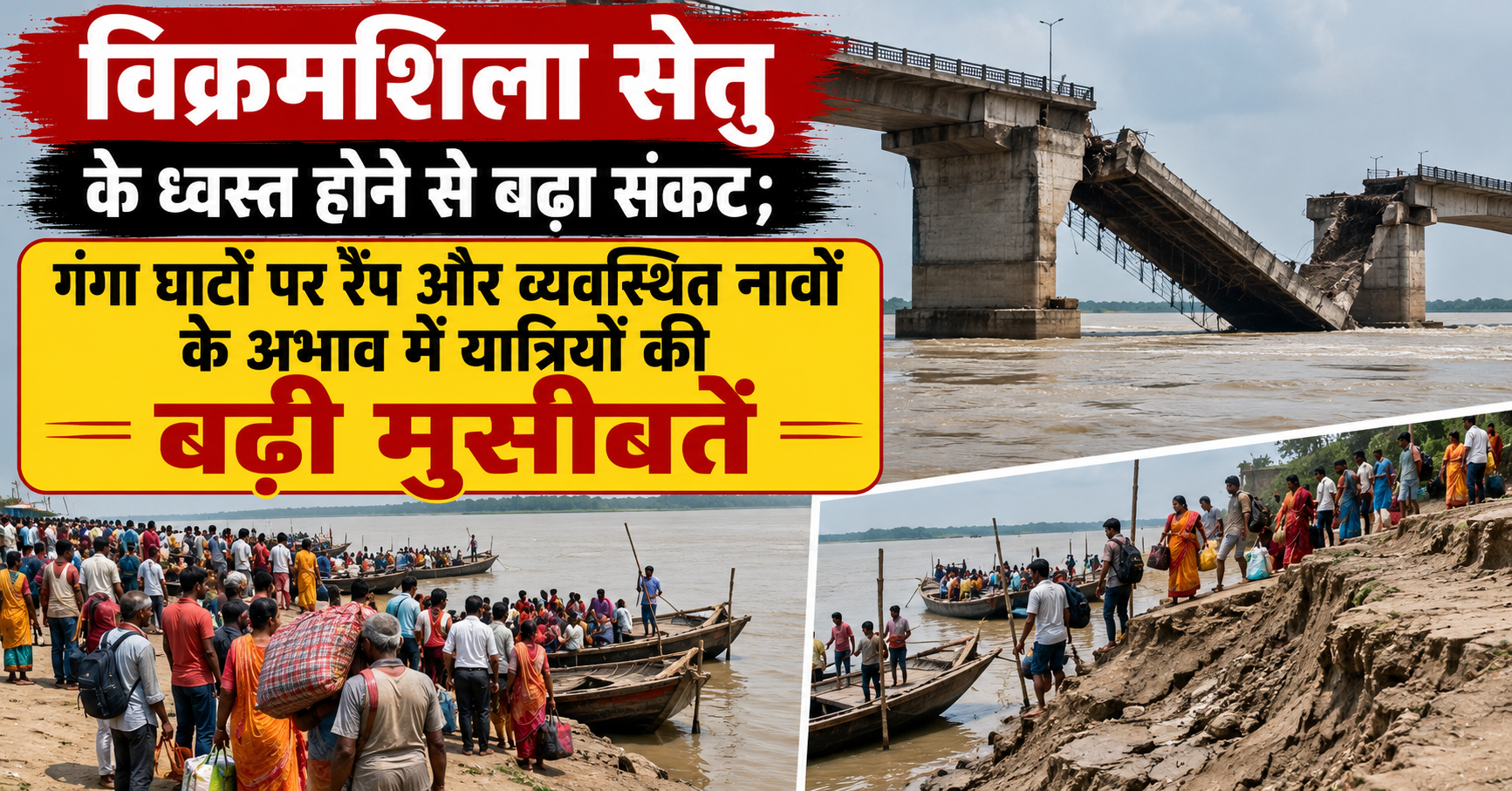 विक्रमशिला सेतु के ध्वस्त होने से बढ़ा संकट; गंगा घाटों पर रैंप और व्यवस्थित नावों के अभाव में यात्रियों की बढ़ी मुसीबतें
