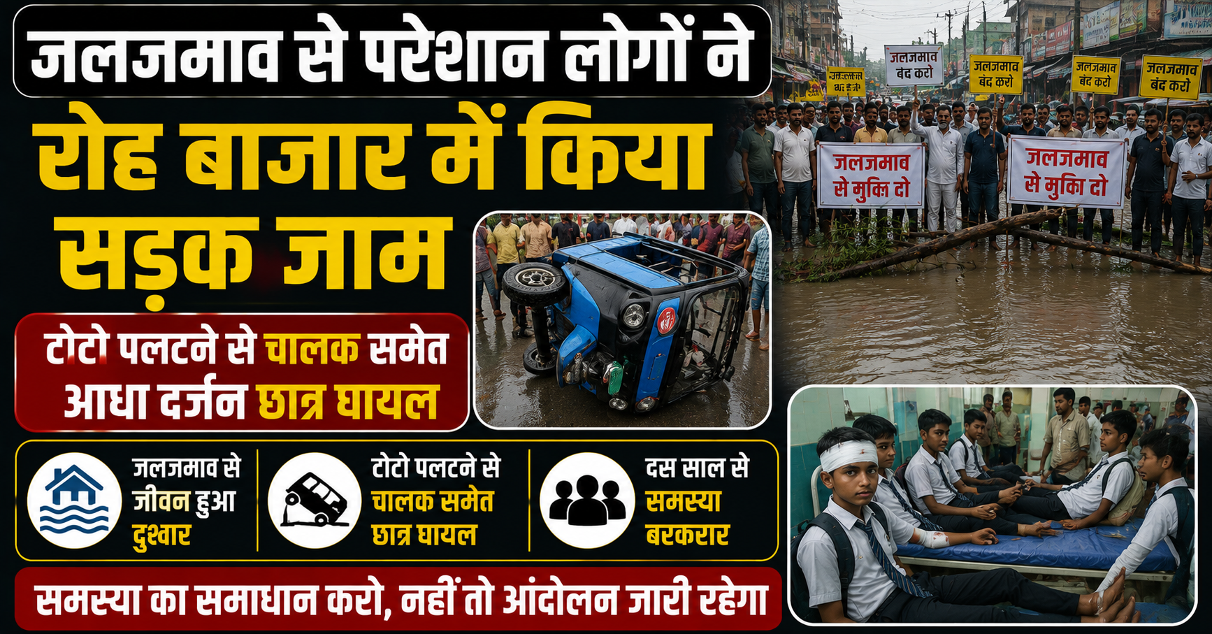 जलजमाव से परेशान लोगों ने रोह बाजार में किया सड़क जाम, टोटो पलटने से चालक समेत आधा दर्जन छात्र घायल; दस साल से समस्या बरकरार