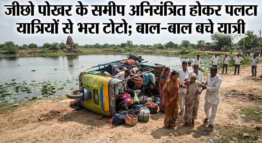 जीछो पोखर के समीप अनियंत्रित होकर पलटा यात्रियों से भरा टोटो; बाल-बाल बचे यात्री