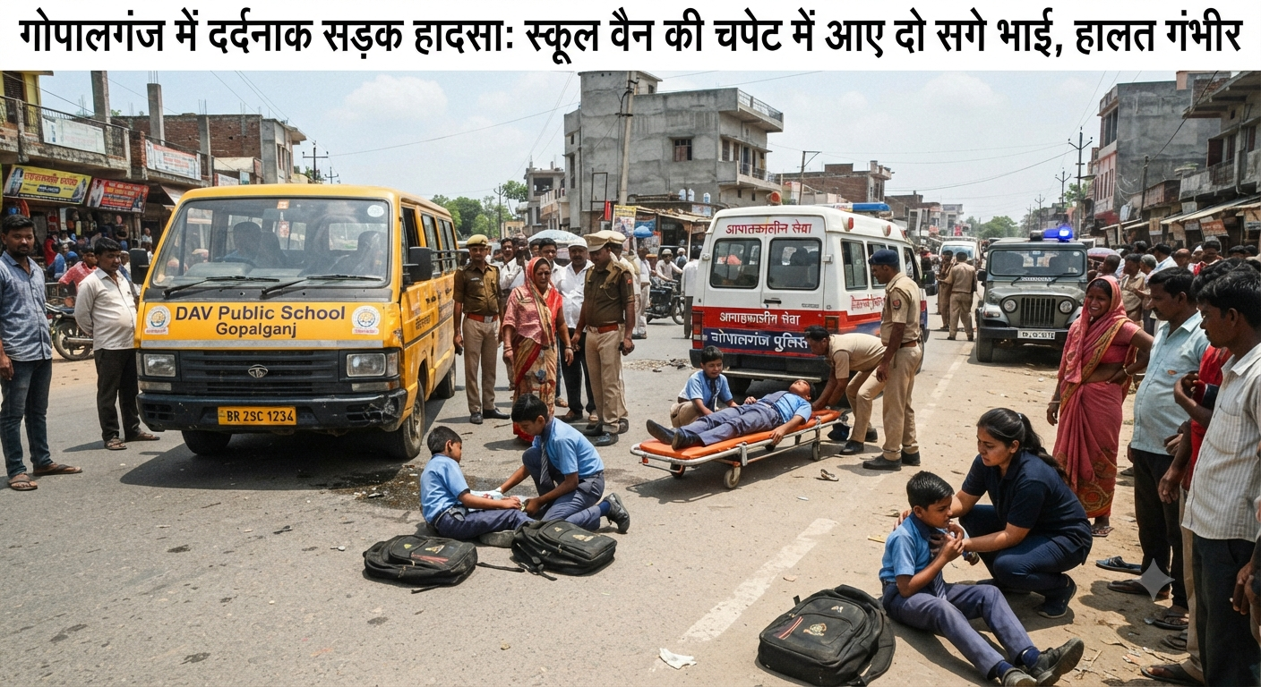 गोपालगंज में दर्दनाक सड़क हादसा: स्कूल वैन की चपेट में आए दो सगे भाई, हालत गंभीर