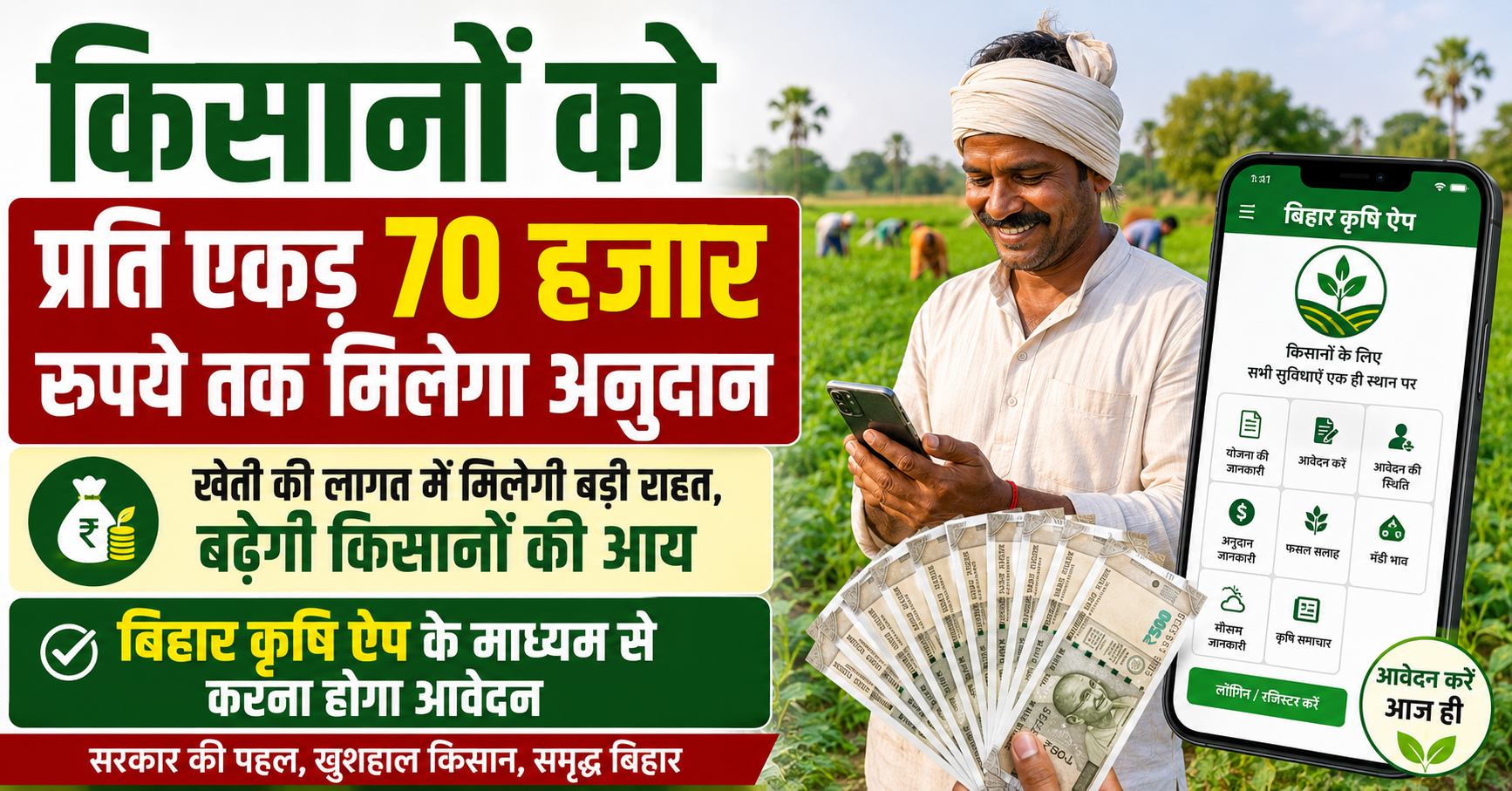 किसानों को प्रति एकड़ 70 हजार रुपये तक मिलेगा अनुदान, बिहार कृषि ऐप के माध्यम से करना होगा आवेदन