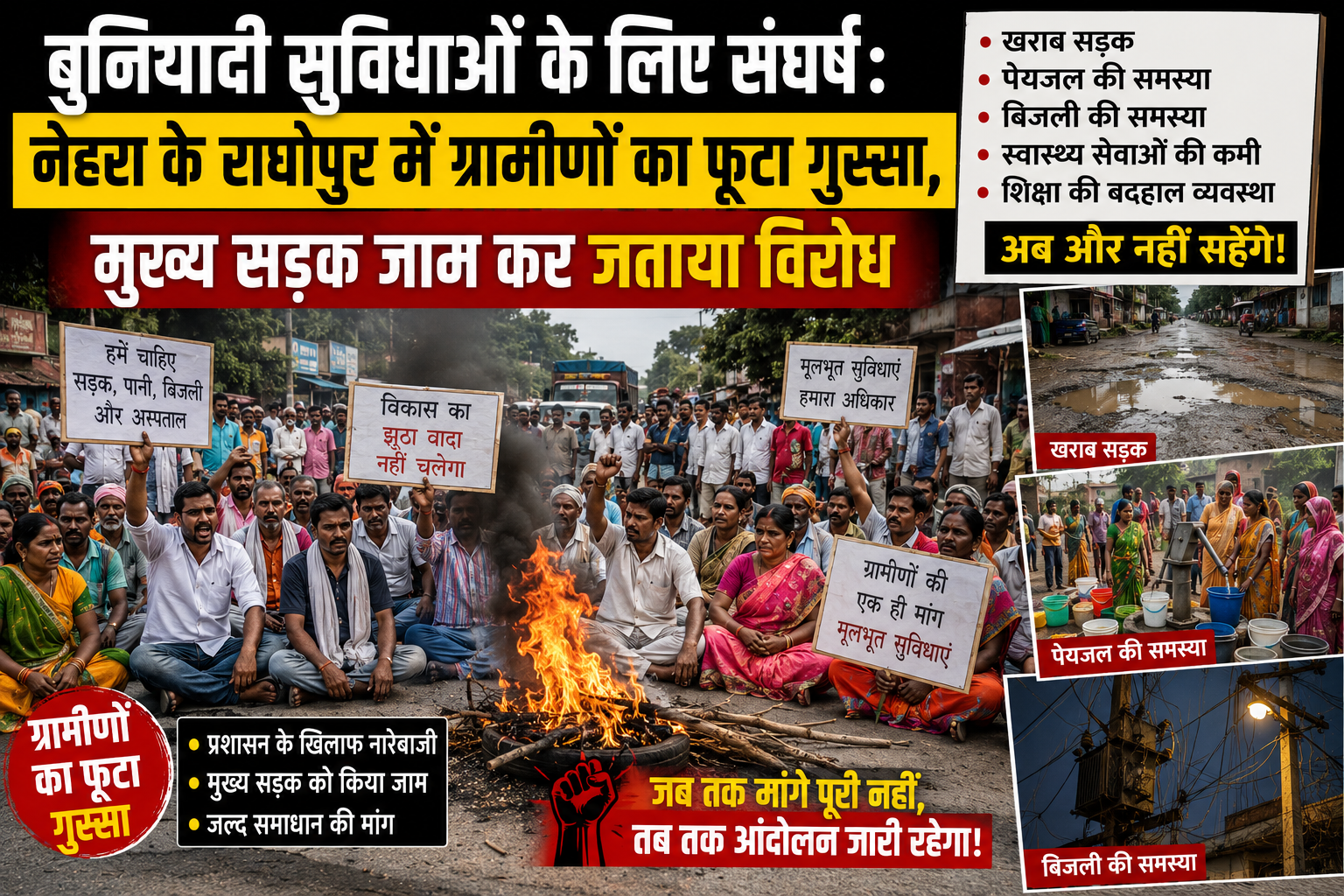 बुनियादी सुविधाओं के लिए संघर्ष: नेहरा के राघोपुर में ग्रामीणों का फूटा गुस्सा, मुख्य सड़क जाम कर जताया विरोध