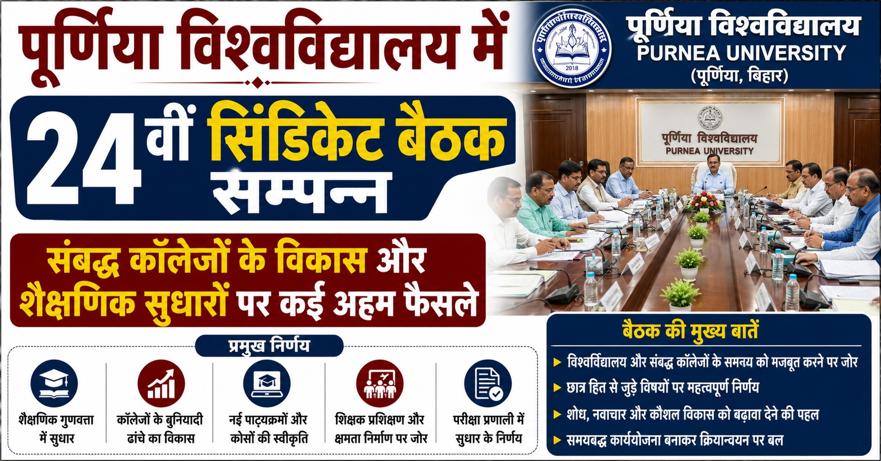 पूर्णिया विश्वविद्यालय में 24वीं सिंडिकेट बैठक सम्पन्न, संबद्ध कॉलेजों के विकास और शैक्षणिक सुधारों पर कई अहम फैसले