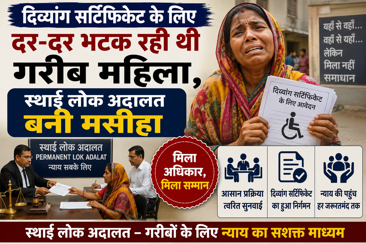 दिव्यांग सर्टिफिकेट के लिए दर-दर भटक रही थी गरीब महिला, स्थाई लोक अदालत बनी मसीहा