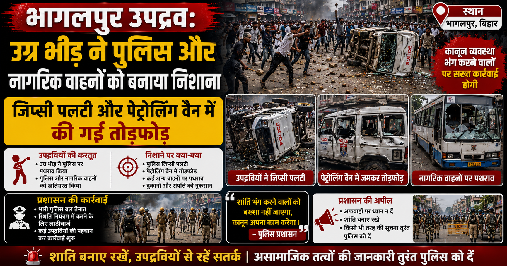 भागलपुर उपद्रव: उग्र भीड़ ने पुलिस और नागरिक वाहनों को बनाया निशाना, जिप्सी पलटी और पेट्रोलिंग वैन में की गई तोड़फोड़