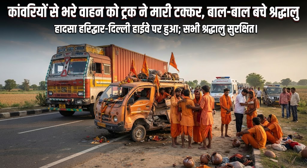 कांवरियों से भरे वाहन को ट्रक ने मारी टक्कर, बाल-बाल बचे श्रद्धालु