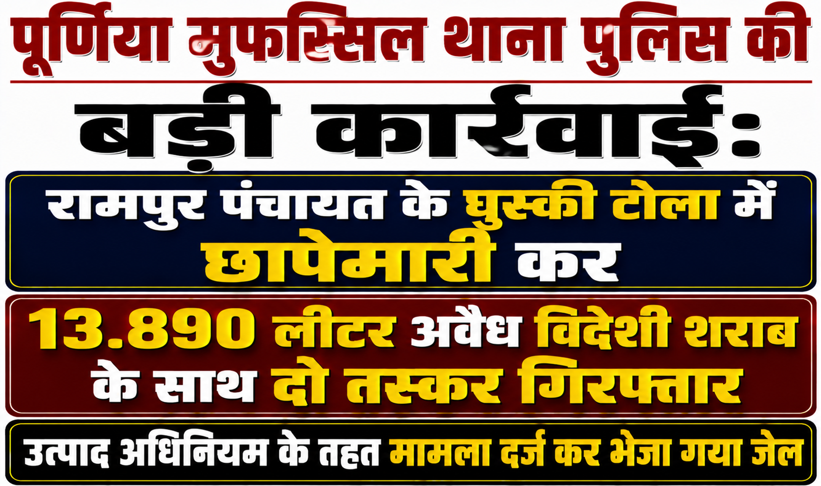 पूर्णिया मुफस्सिल थाना पुलिस की बड़ी कार्रवाई: रामपुर पंचायत के घुस्की टोला में छापेमारी कर 13.890 लीटर अवैध विदेशी शराब के साथ दो तस्कर गिरफ्तार; उत्पाद अधिनियम के तहत मामला दर्ज कर भेजा गया जेल