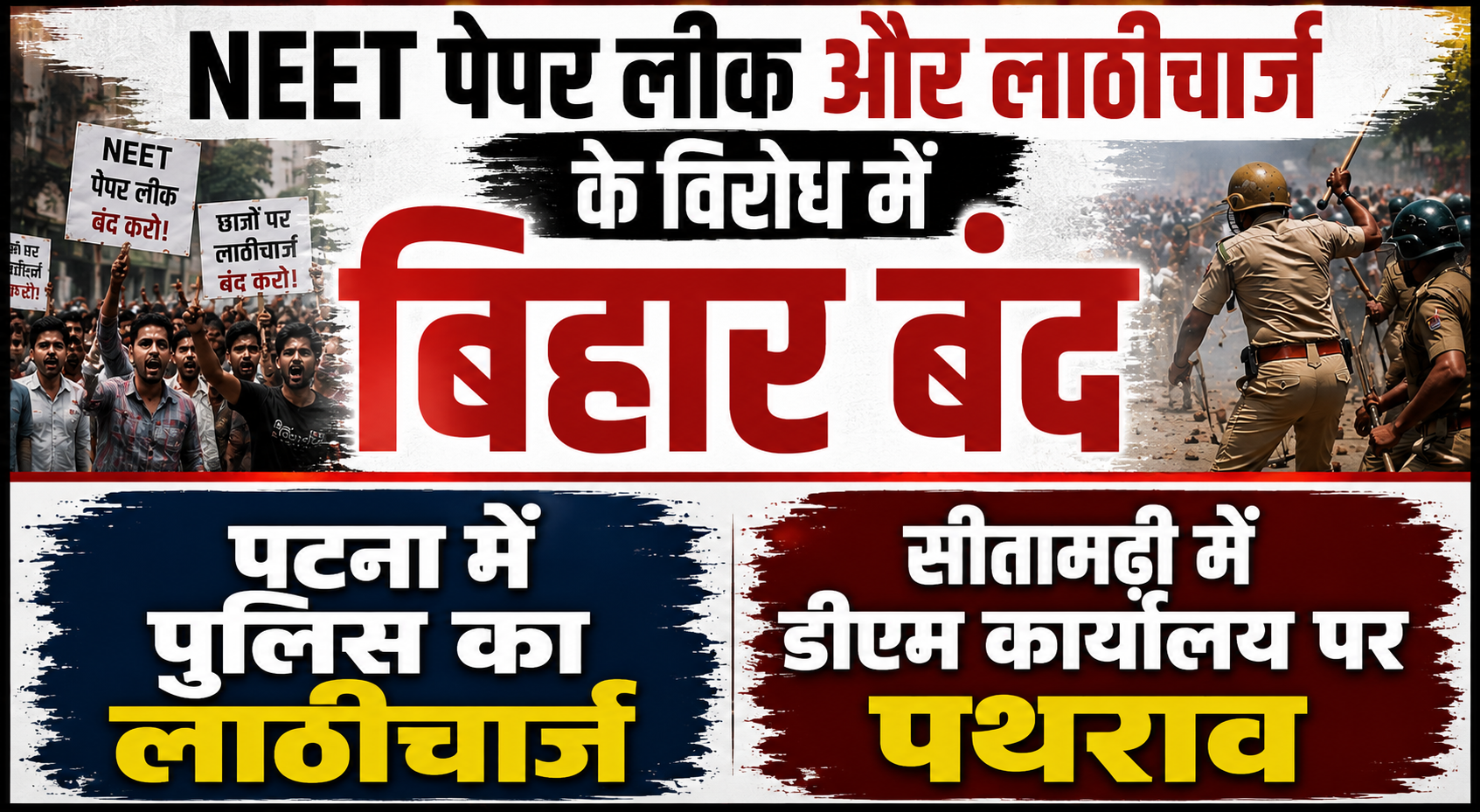 NEET पेपर लीक और लाठीचार्ज के विरोध में बिहार बंद, पटना में पुलिस का लाठीचार्ज, सीतामढ़ी में डीएम कार्यालय पर पथराव