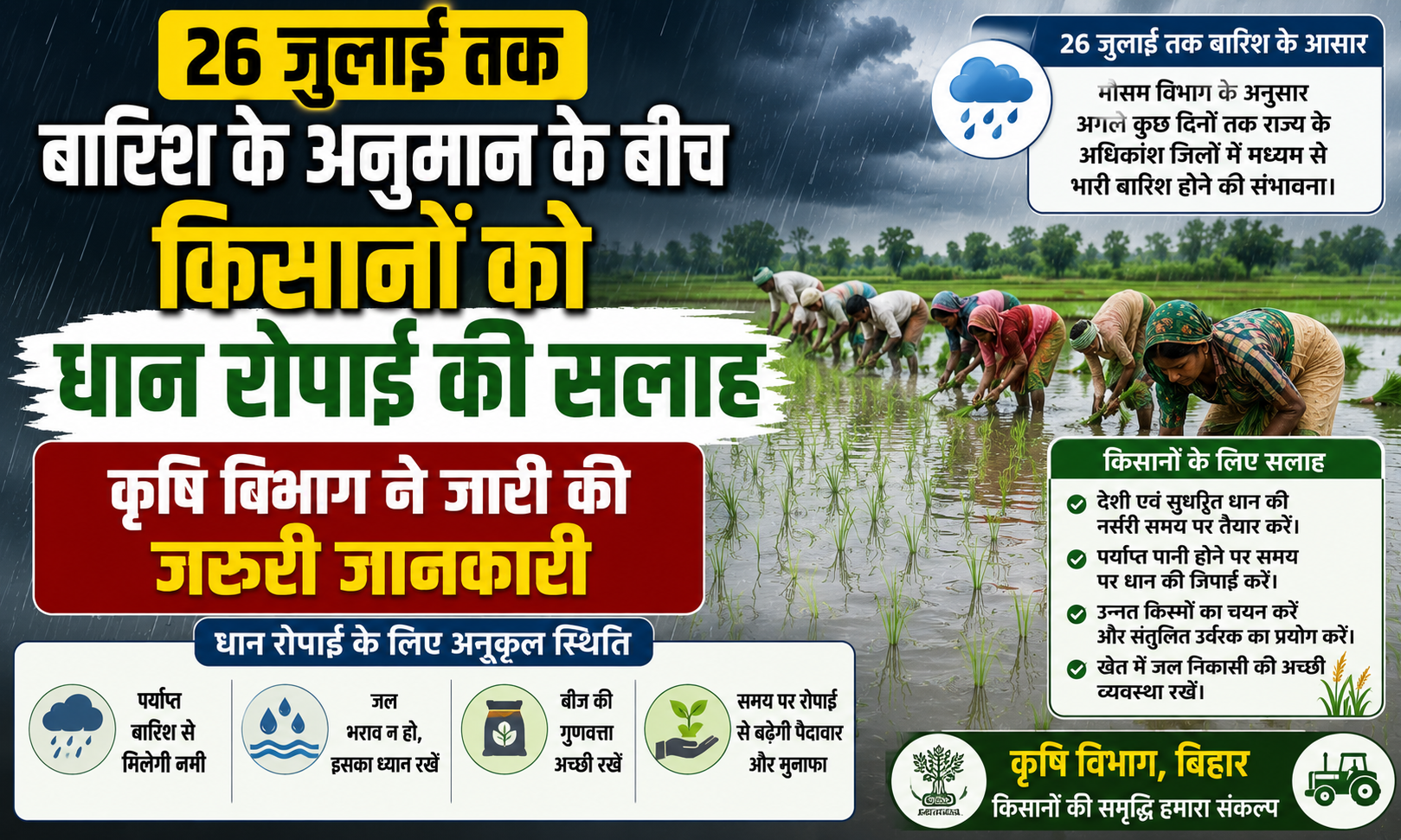 26 जुलाई तक बारिश के अनुमान के बीच किसानों को धान रोपाई की सलाह, कृषि विभाग ने जारी की जरूरी जानकारी