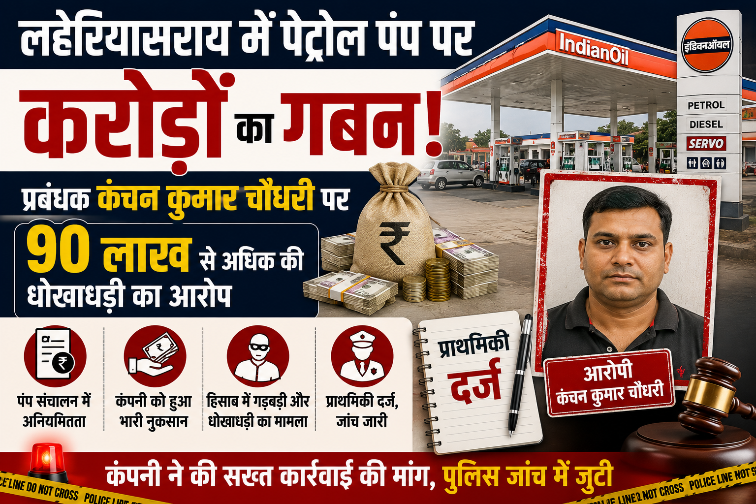 लहेरियासराय में पेट्रोल पंप पर करोड़ों का गबन: प्रबंधक कंचन कुमार चौधरी पर 90 लाख से अधिक की धोखाधड़ी का आरोप, प्राथमिकी दर्ज