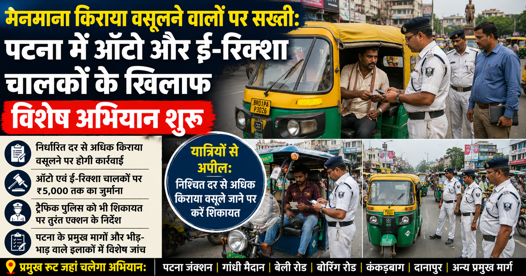 Crackdown on Overcharging: Special Drive Against Auto and E-Rickshaw Drivers Begins in Patna